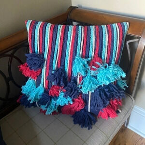 Red and Blue Tassel Striped Throw Pillow